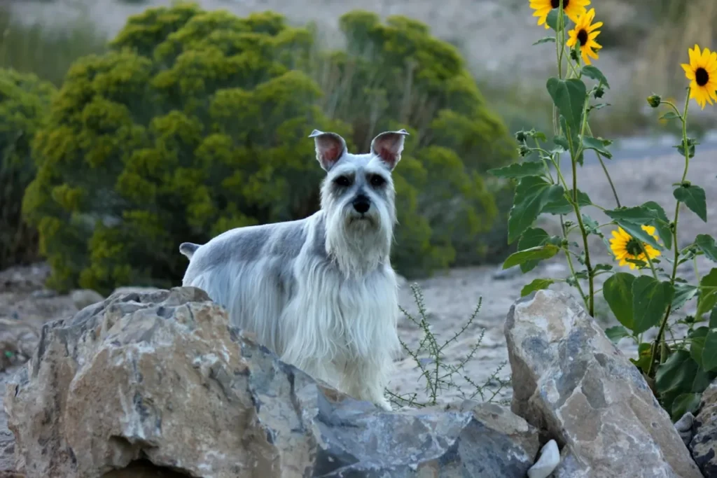 a dog sitting on a rock